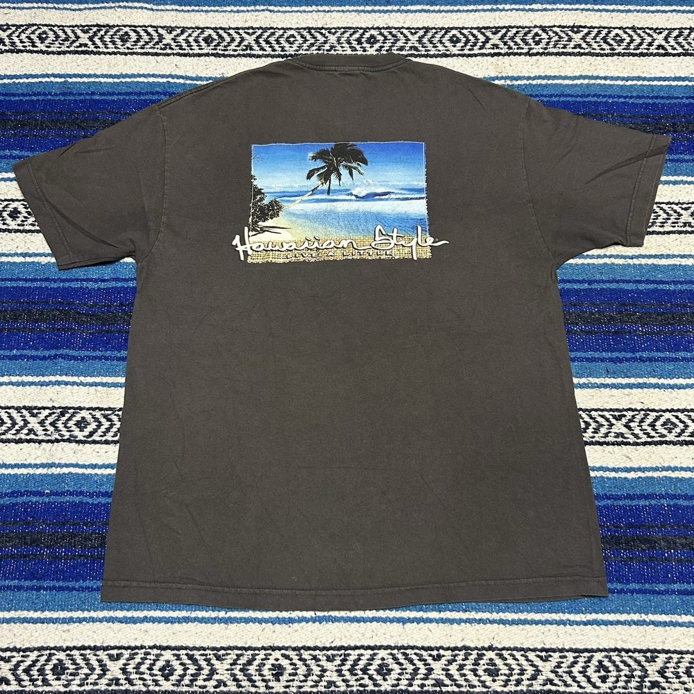 Vintage Hawaiian Style Live A Little Beach Palm Tree T Shirt XL Grey Surf